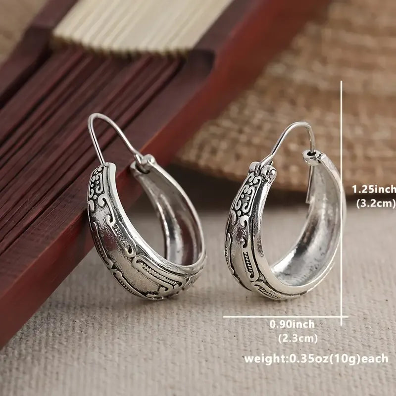 Vintage Carved Pattern Hoop Earrings Simple Retro Style Zinc Alloy Jewelry Trendy Female Gift