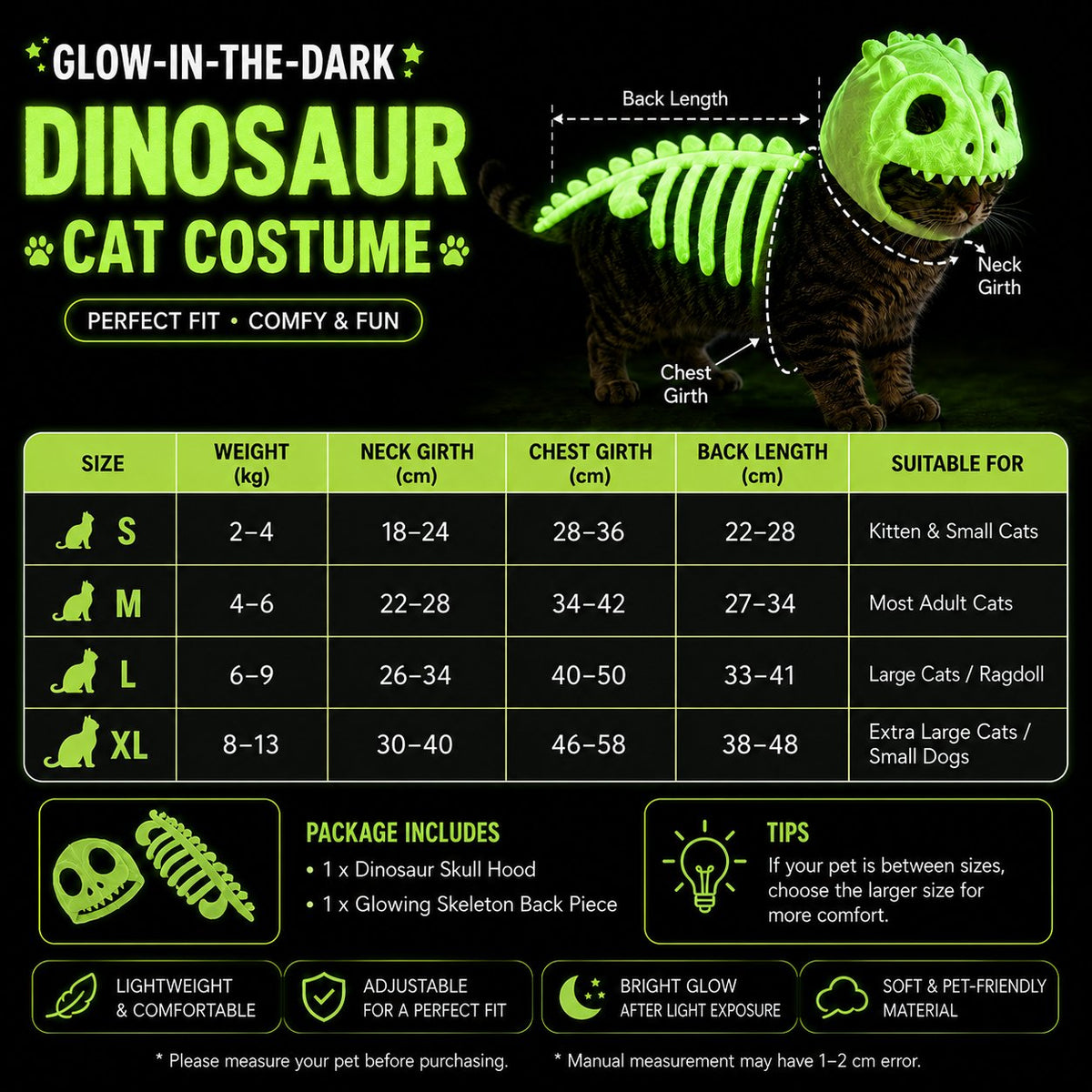 Glow-in-the-Dark Dinosaur Skeleton Cat Costume — Let Your Kitty Roar at Night!