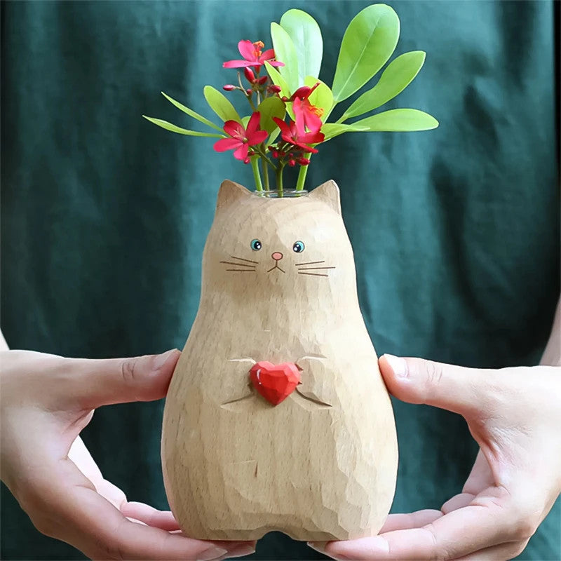 Handmade Wooden Creative Love Cat Vase