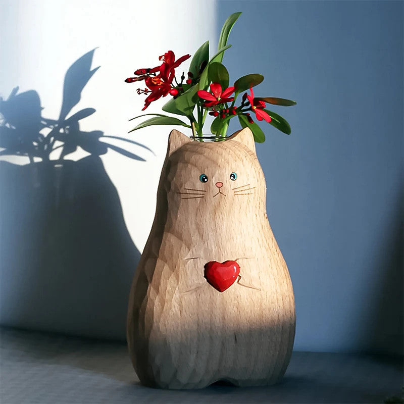 Handmade Wooden Creative Love Cat Vase