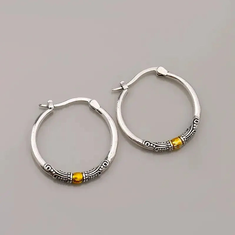 Vintage Silvery Carved Pattern Hoop Earrings