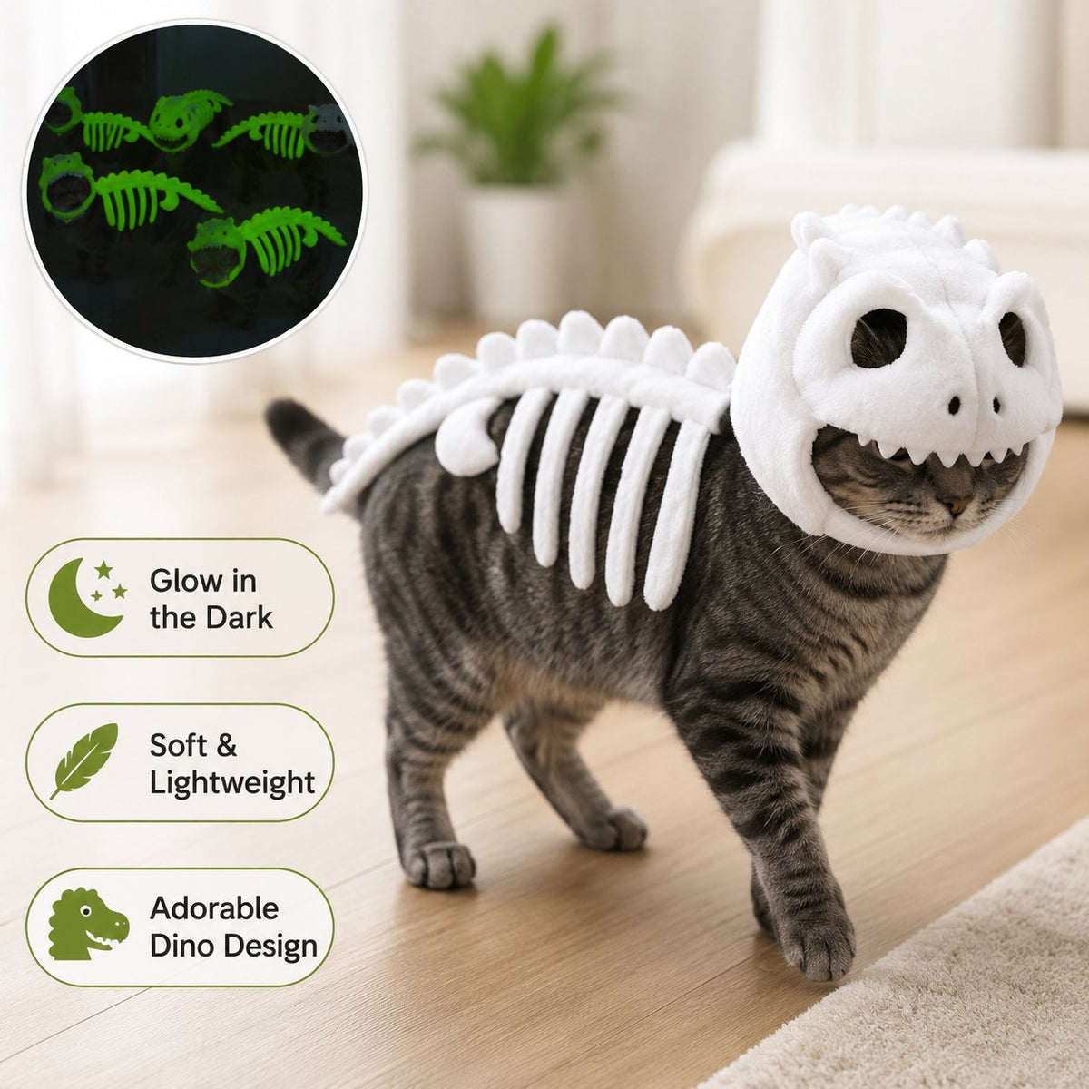 Glow-in-the-Dark Dinosaur Skeleton Cat Costume — Let Your Kitty Roar at Night!