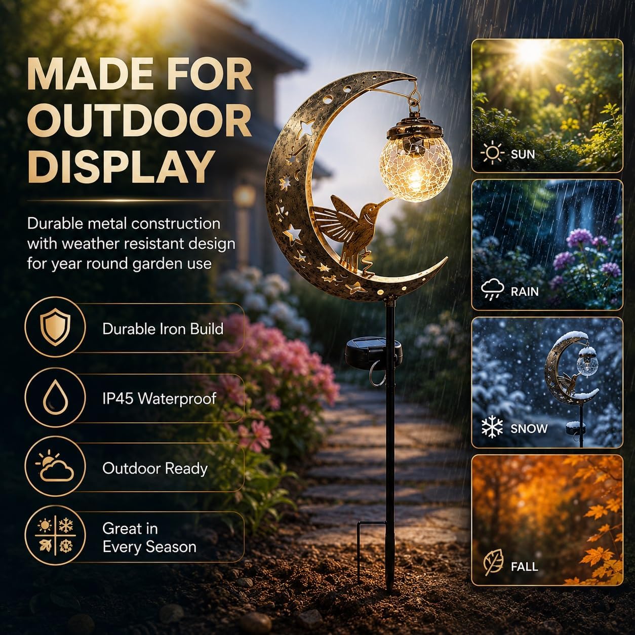 Hummingbird Moon Solar Garden Stake Light Waterproof Half Moon LED Pathway Decor Crackle Hanging Glass Globe Ball Metal Crescent for Outside Yard Patio Lawn Outdoor Decor