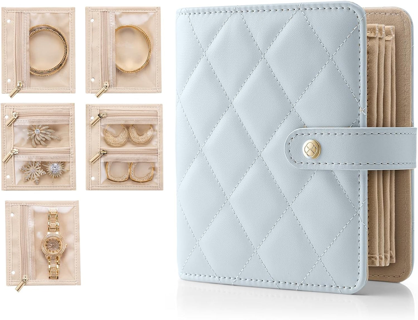 Jewelry Book Organizer - Leather Travel Jewelry Case with 5 Detachable Pages for Necklaces, Rings, Earrings, Tangle-Free, Giftable,Seashell Pink