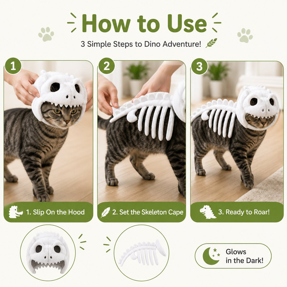 Glow-in-the-Dark Dinosaur Skeleton Cat Costume — Let Your Kitty Roar at Night!