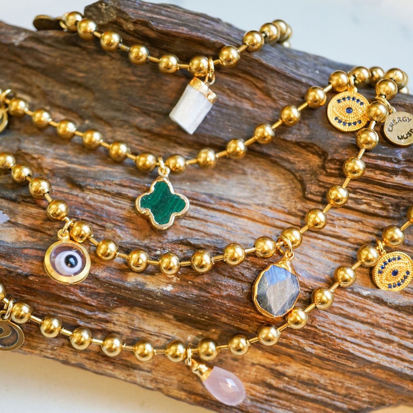 Gold Charm Bracelet with Tiger's Eye & Clear Evil Eye