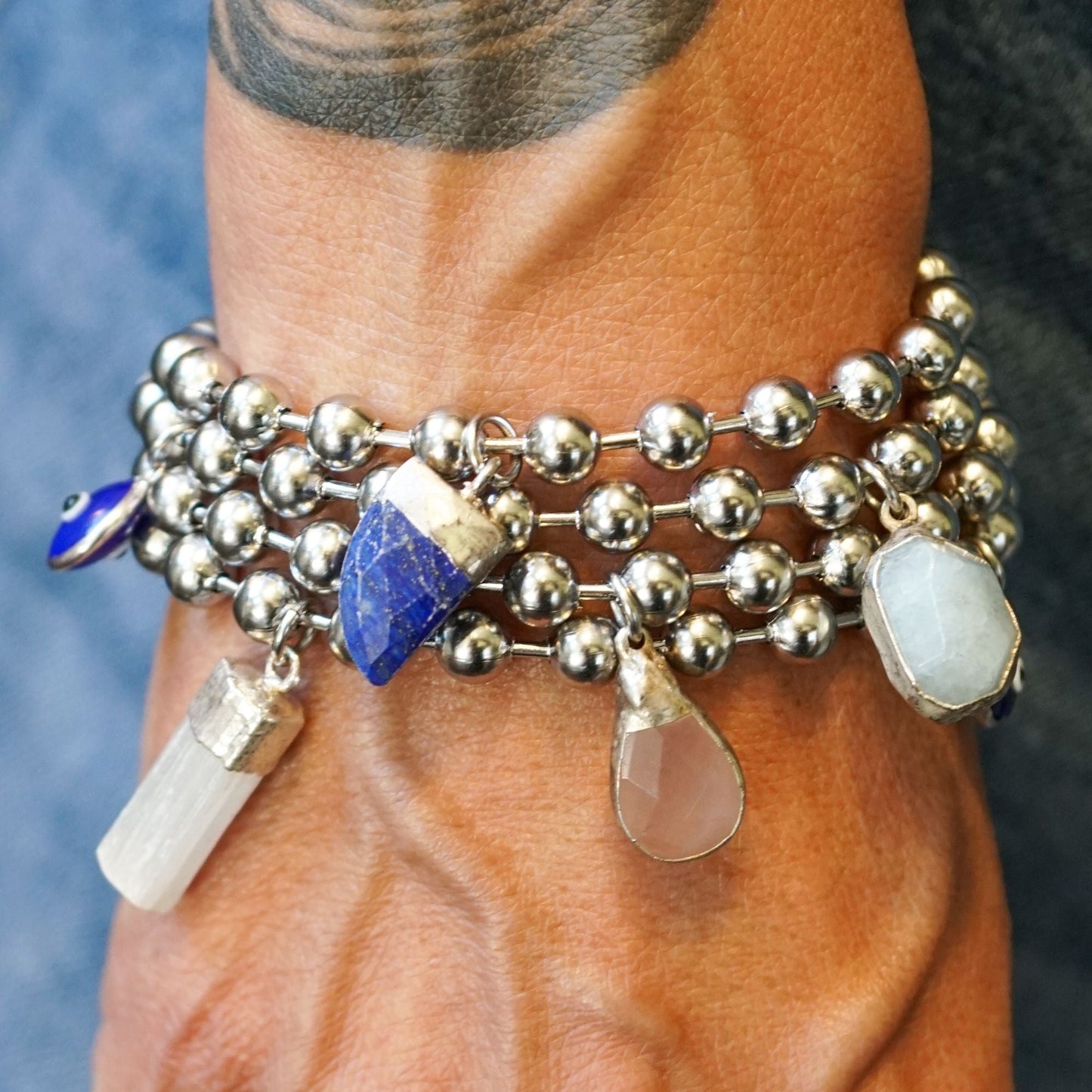 Silver Charm Bracelet with Rose Quartz & Blue Evil Eye