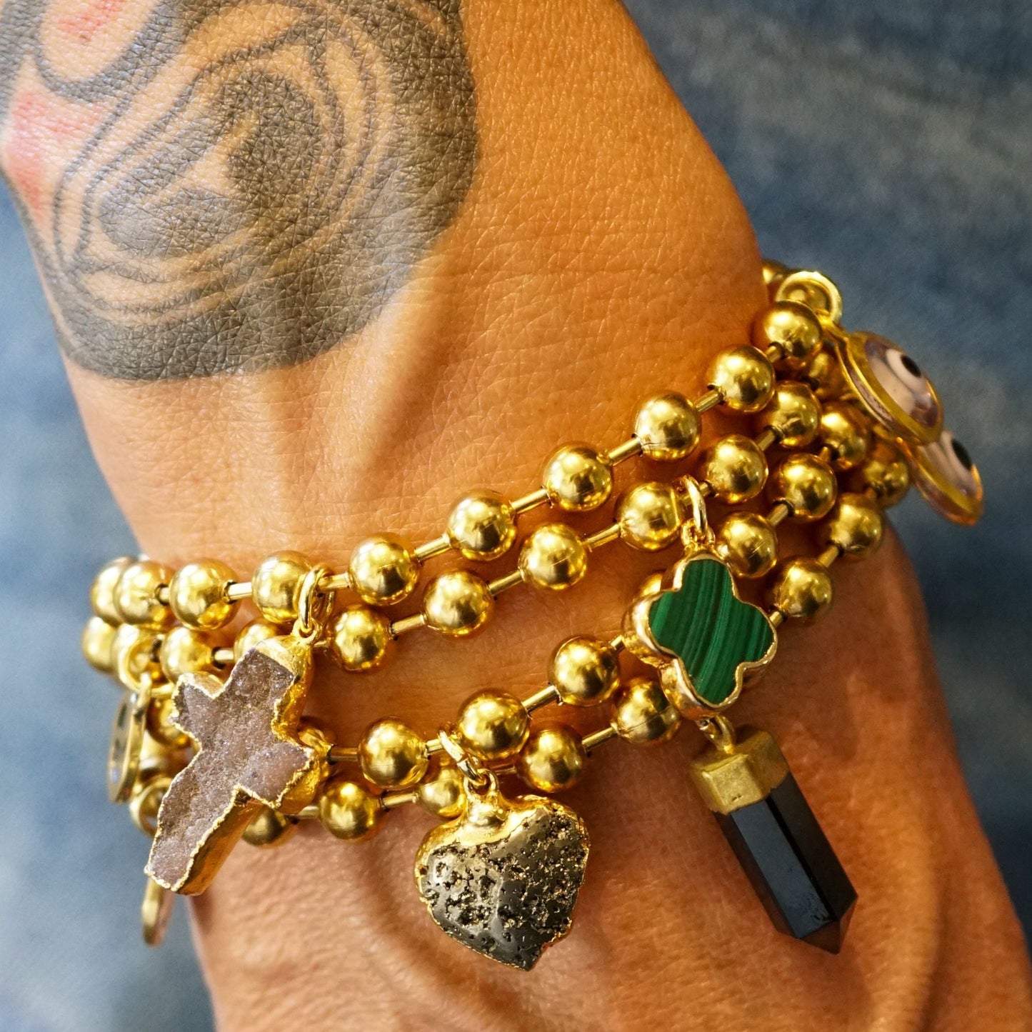 Gold Charm Bracelet with Agate Druzy Pyramid & Clear Evil Eye