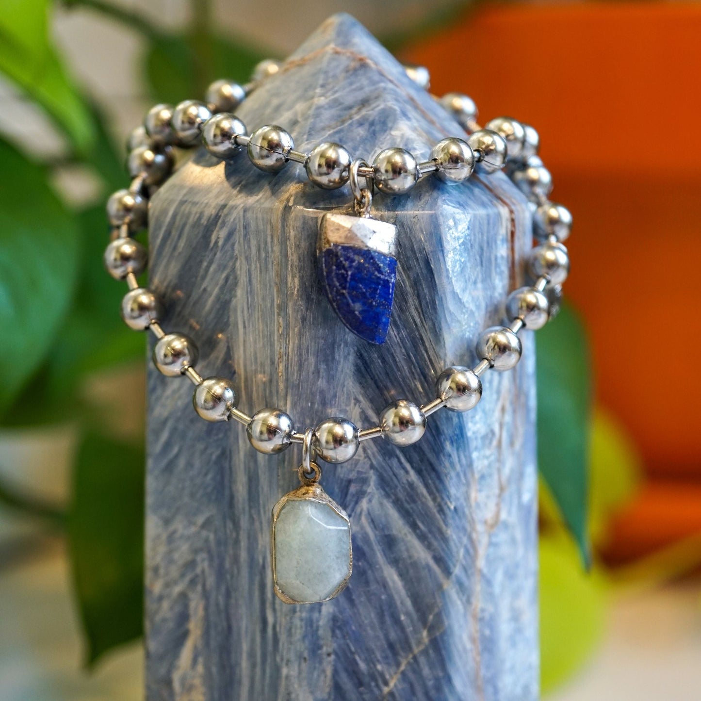 Silver Charm Bracelet with Rose Quartz & Blue Evil Eye