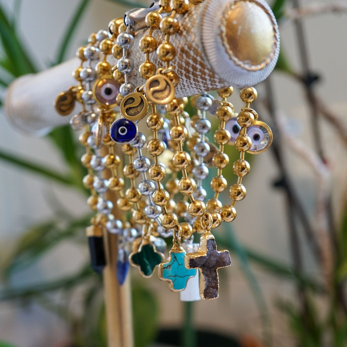 Gold Charm Bracelet with Rose Quartz & Tiger's Eye