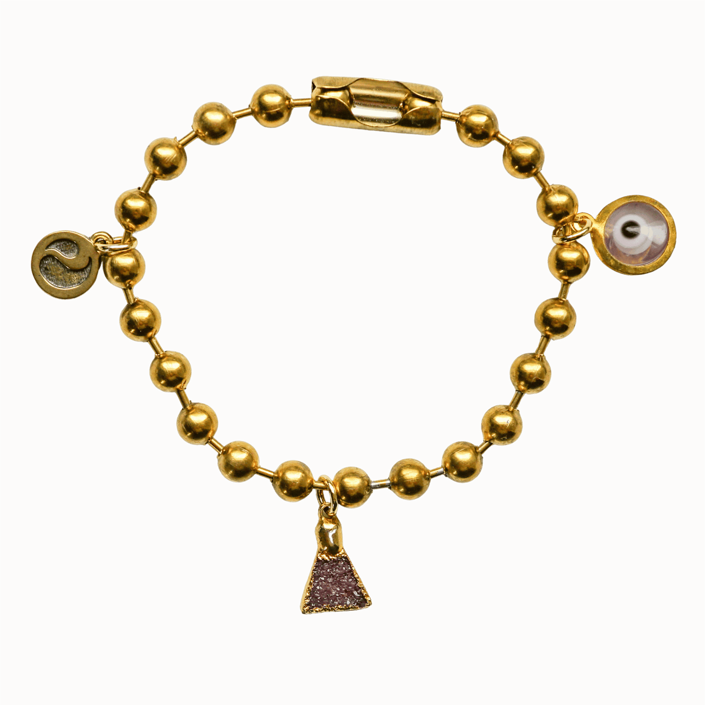 Gold Charm Bracelet with Agate Druzy Pyramid & Clear Evil Eye