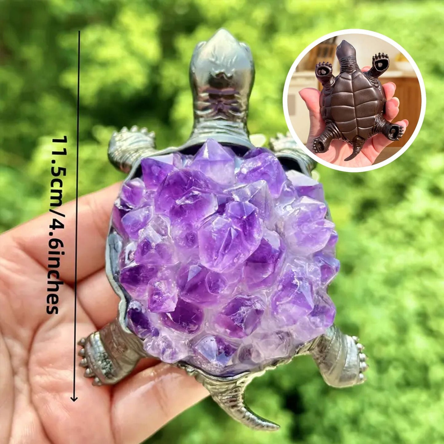Handmade Amethyst Turtle Figurine, Black Metal Sculpture, Spiritual Decor