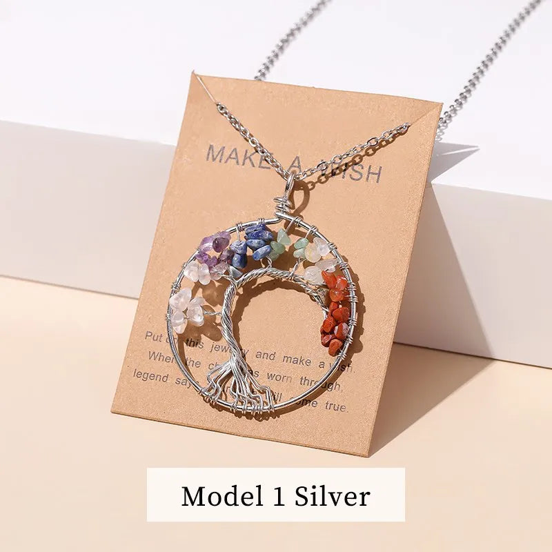 Change Better 7 Chakras Tree Of Life Pendant Necklace Gold Color Wisdom Natural Crystal Chip Beads Reiki Healing Jewelry Gift