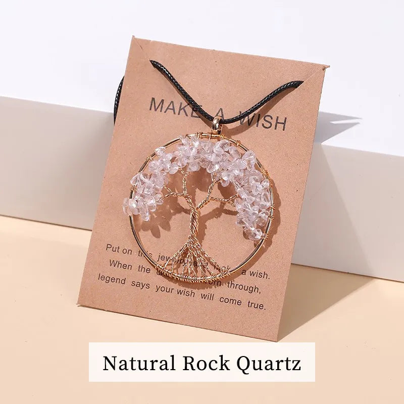 Change Better 7 Chakras Tree Of Life Pendant Necklace Gold Color Wisdom Natural Crystal Chip Beads Reiki Healing Jewelry Gift