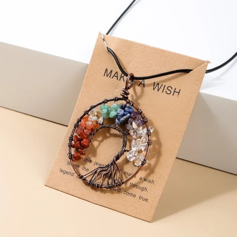 Change Better 7 Chakras Tree Of Life Pendant Necklace Gold Color Wisdom Natural Crystal Chip Beads Reiki Healing Jewelry Gift