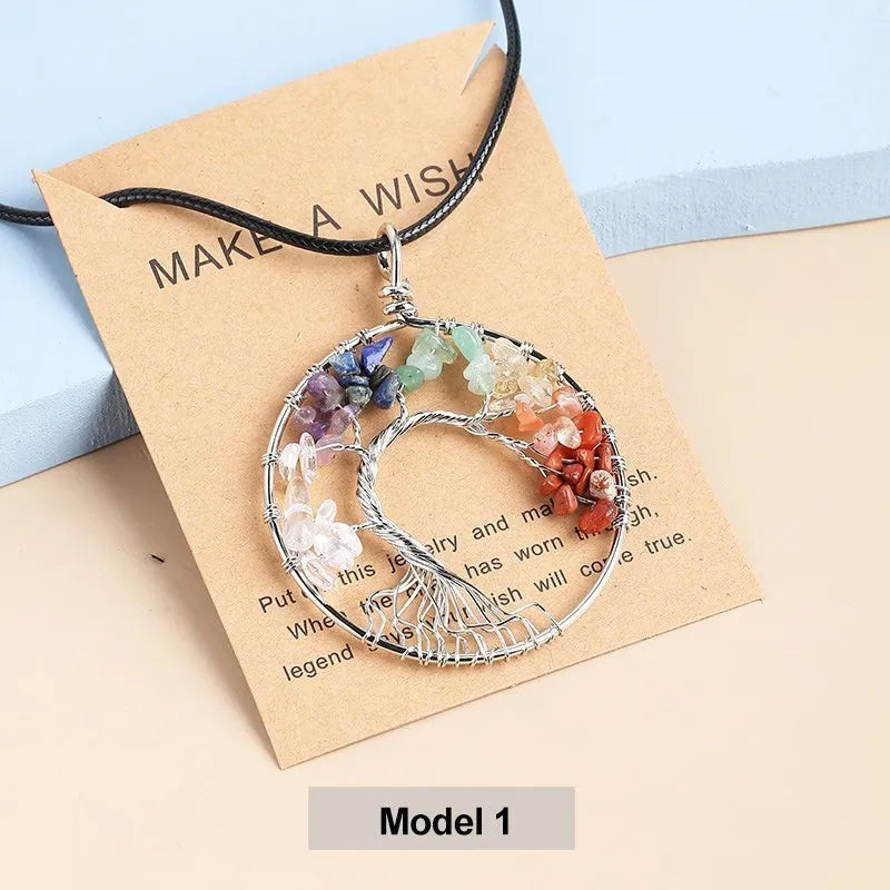 Change Better 7 Chakras Tree Of Life Pendant Necklace Gold Color Wisdom Natural Crystal Chip Beads Reiki Healing Jewelry Gift
