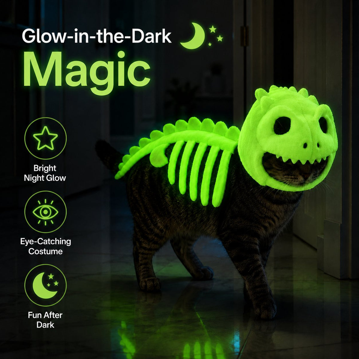 Glow-in-the-Dark Dinosaur Skeleton Cat Costume — Let Your Kitty Roar at Night!
