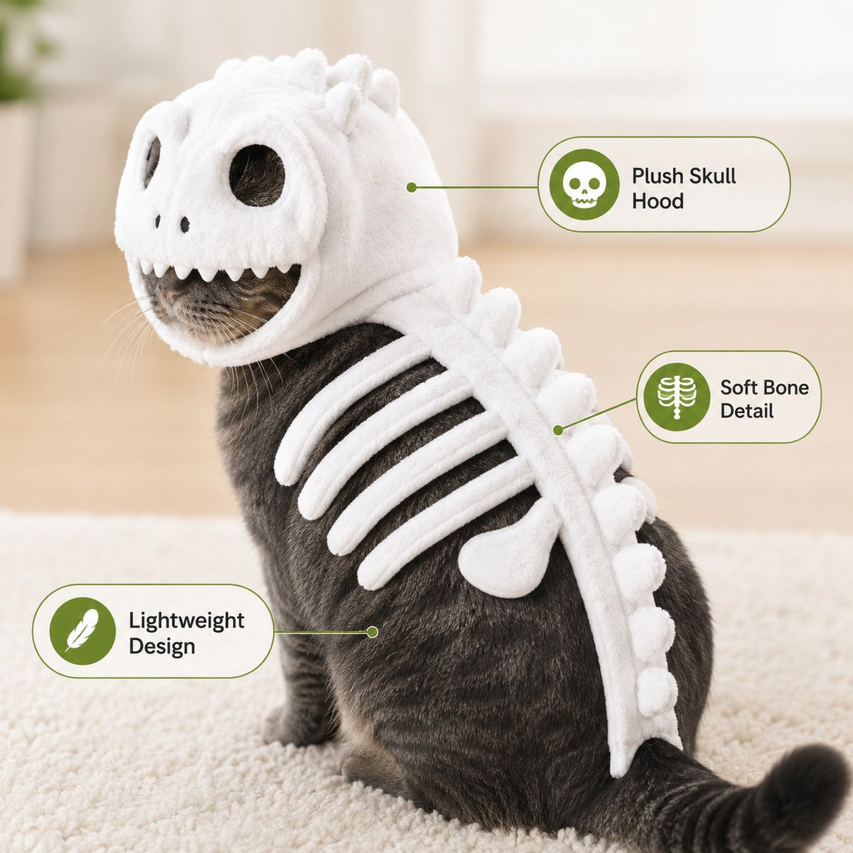 Glow-in-the-Dark Dinosaur Skeleton Cat Costume — Let Your Kitty Roar at Night!
