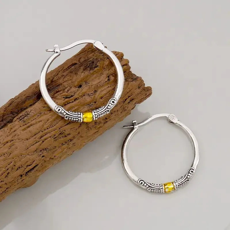 Vintage Silvery Carved Pattern Hoop Earrings