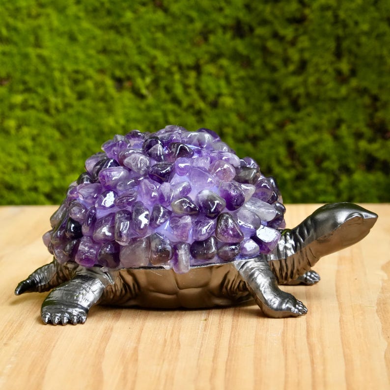 Handmade Amethyst Turtle Figurine, Black Metal Sculpture, Spiritual Decor