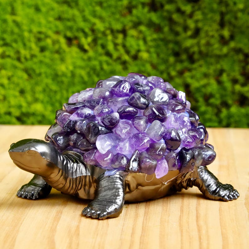 Handmade Amethyst Turtle Figurine, Black Metal Sculpture, Spiritual Decor