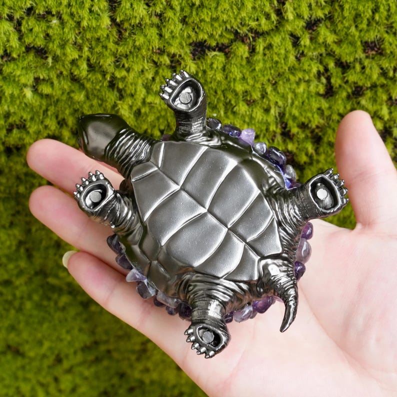 Handmade Amethyst Turtle Figurine, Black Metal Sculpture, Spiritual Decor